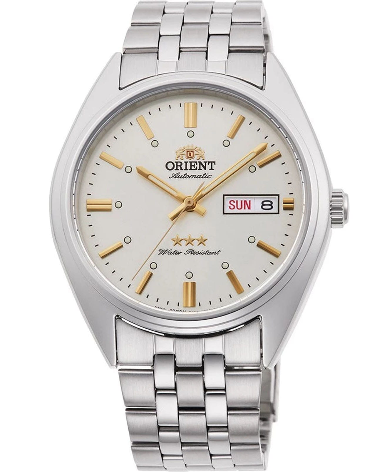 Orient Orient 3 Star RA-AB0E10S (RN-AB0E10S)  RA-AB0E10S механические мужские часы белый циферблат, браслет нержавеющая сталь — вид спереди